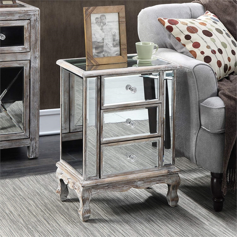 Pemberly Row Vineyard Three-Drawer End Table in Mirrored Glass and Silver Wood