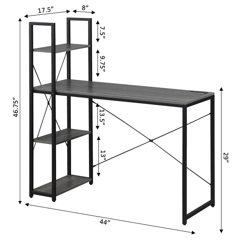 Pemberly Row Office Workstation with Charging Station and Shelves in Gray Wood