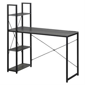 Pemberly Row Office Workstation with Charging Station and Shelves in Gray Wood
