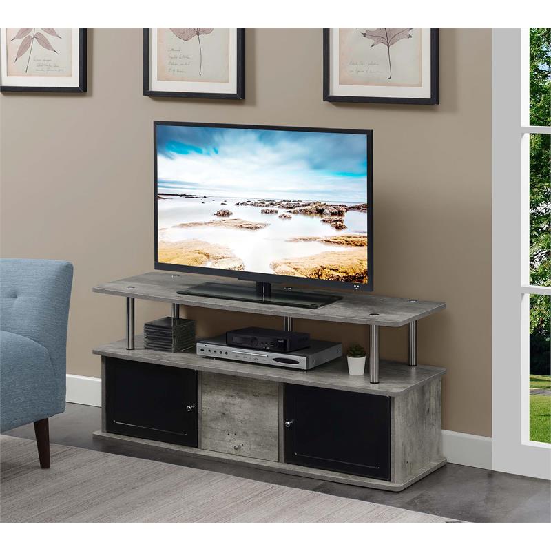 Pemberly Row TV Stand with Three Storage Cabinets and Shelf in Light Gray Wood