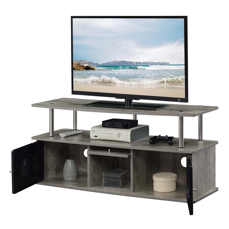 Pemberly Row TV Stand with Three Storage Cabinets and Shelf in Light Gray Wood