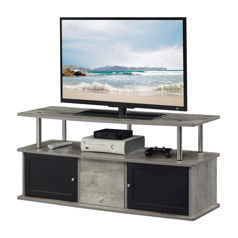 Pemberly Row TV Stand with Three Storage Cabinets and Shelf in Light Gray Wood