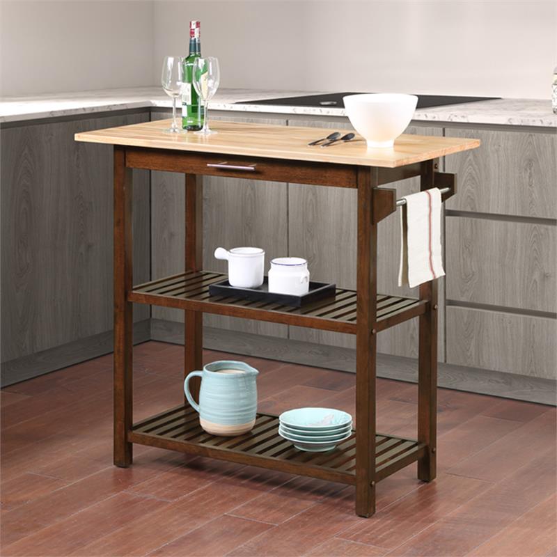 Pemberly Row Three-Tier Butcher Block Kitchen Island w/Drawer in Espresso Wood