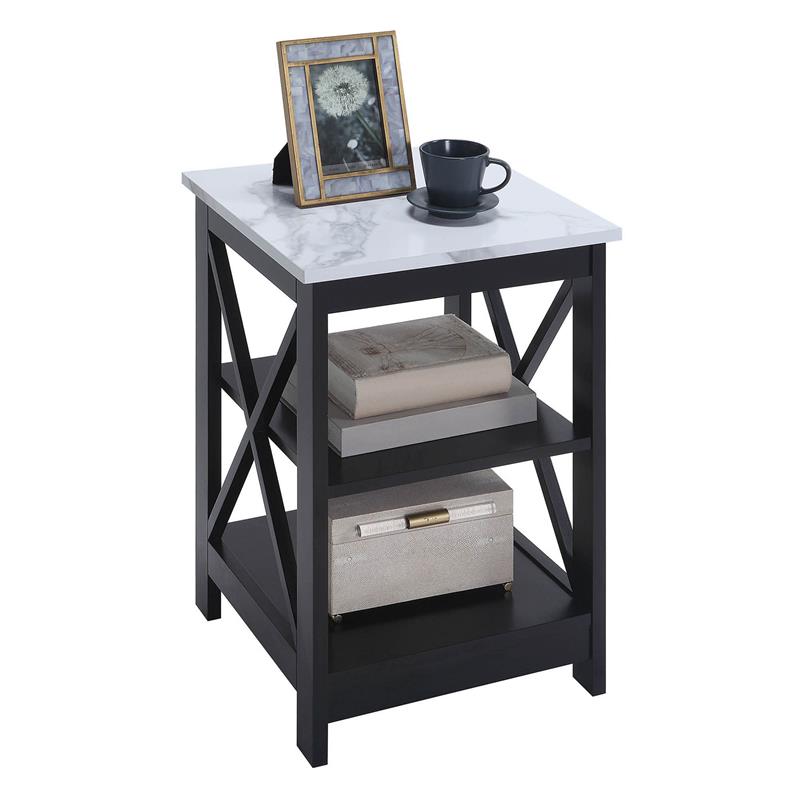 Pemberly Row End Table with Shelves in White Faux Marble and Black Wood Finish
