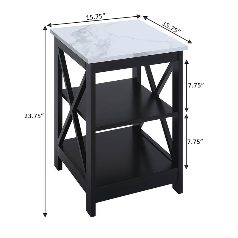 Pemberly Row End Table with Shelves in White Faux Marble and Black Wood Finish