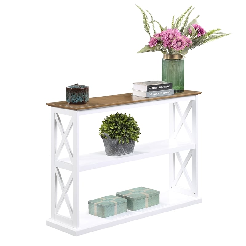 Pemberly Row Console Table with Shelves in White Wood Frame with Driftwood Top