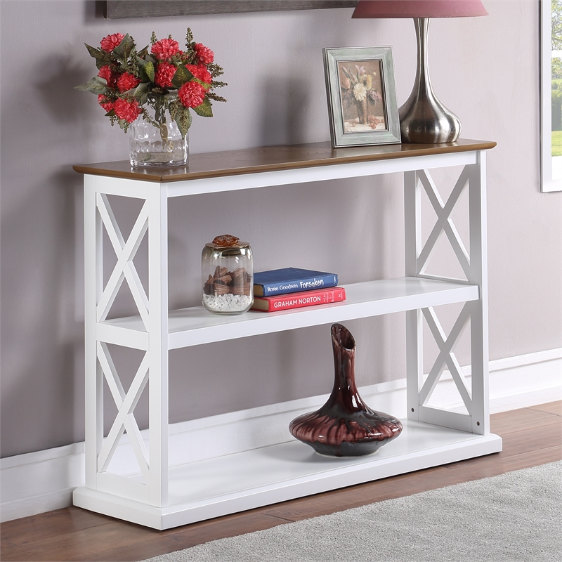 Pemberly Row Console Table with Shelves in White Wood Frame with Driftwood Top