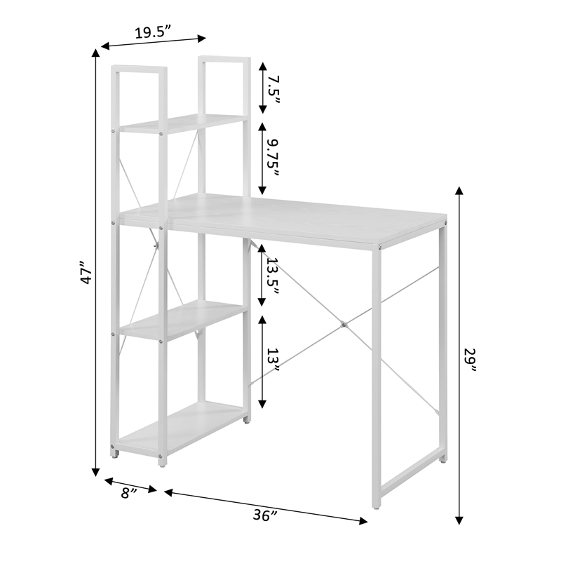 Pemberly Row Office Workstation with Shelves in White Wood Finish & Metal Frame
