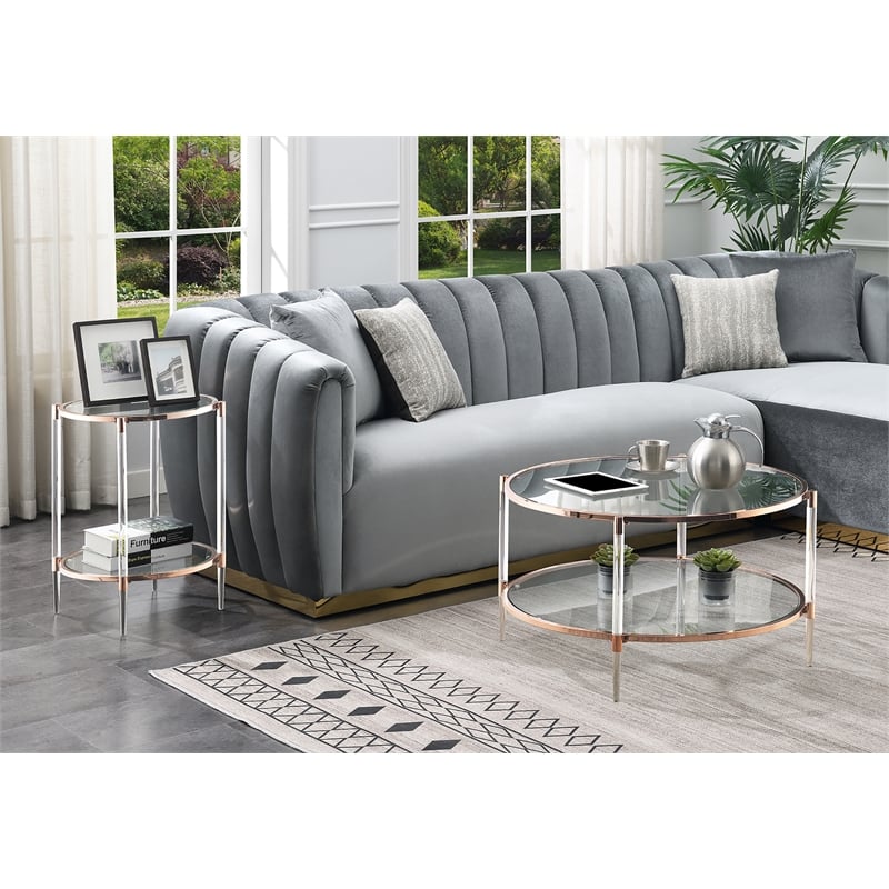 Pemberly Row Two-Tier Clear Acrylic Glass Coffee Table with Gold & Chrome Frame