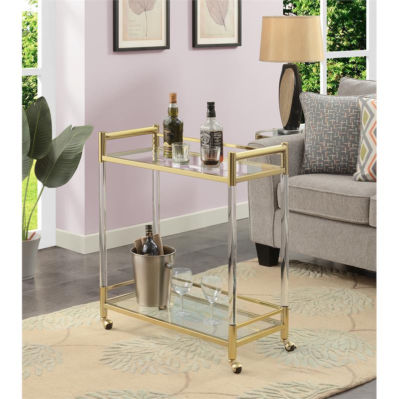 Pemberly Row Two-Tier Acrylic Glass Bar Cart in Clear Glass w/ Gold Metal Frame