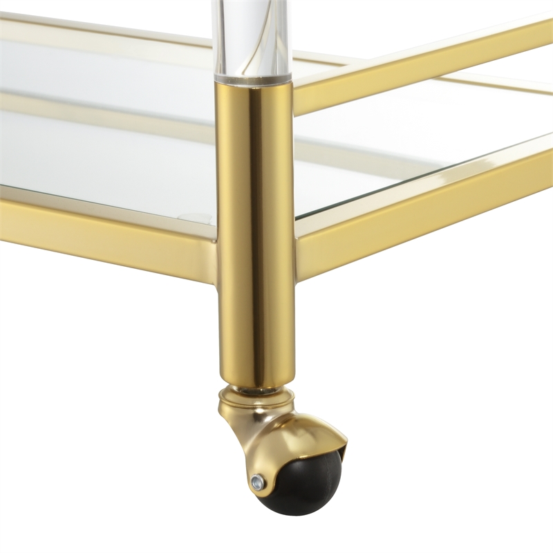 Pemberly Row Two-Tier Acrylic Glass Bar Cart in Clear Glass w/ Gold Metal Frame