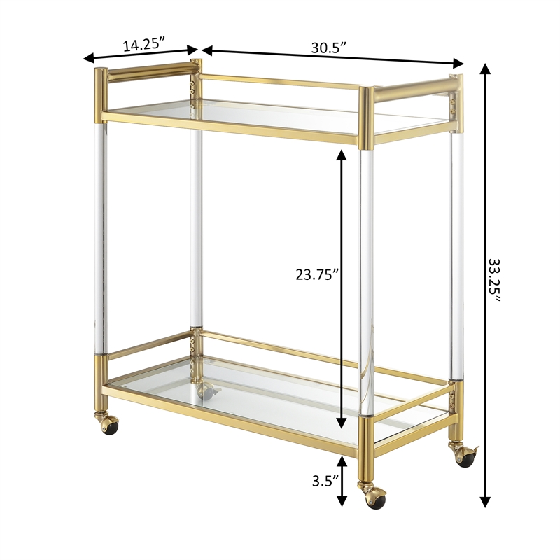 Pemberly Row Two-Tier Acrylic Glass Bar Cart in Clear Glass w/ Gold Metal Frame