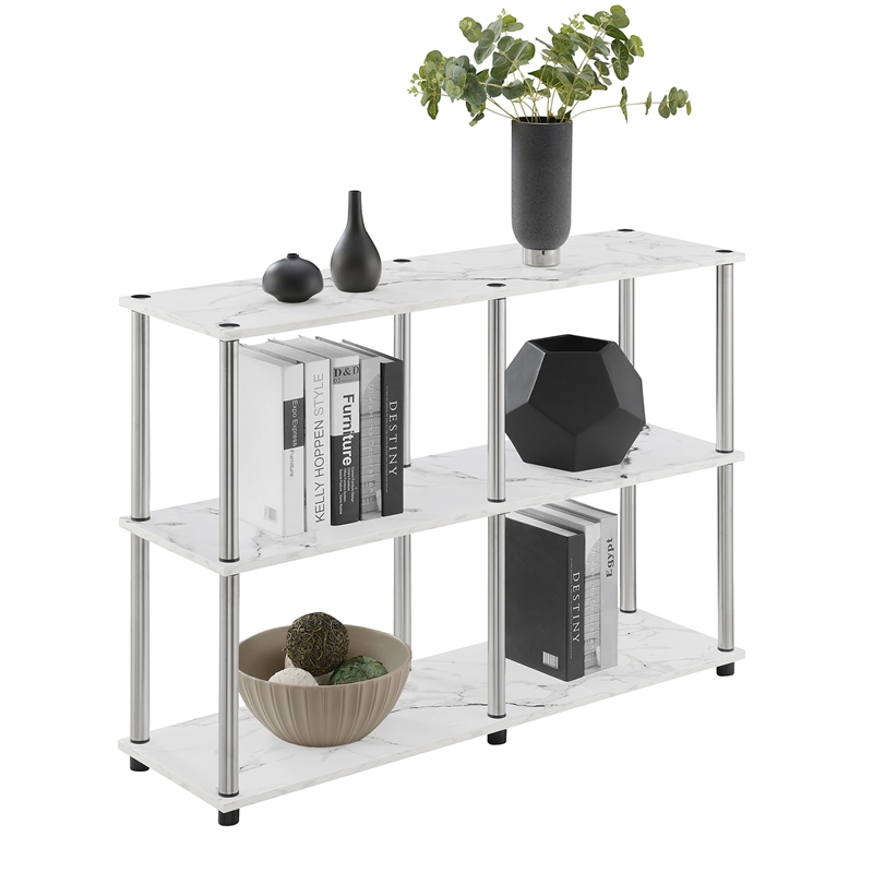Pemberly Row No-Tools Console Table w/ Shelves in White Faux Marble Wood Finish