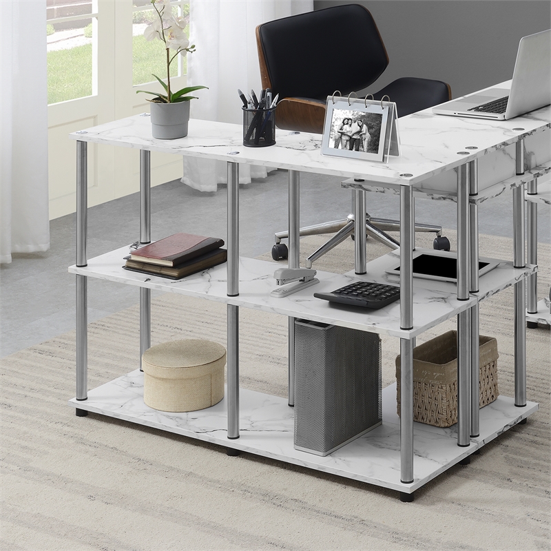 Pemberly Row No-Tools Console Table w/ Shelves in White Faux Marble Wood Finish