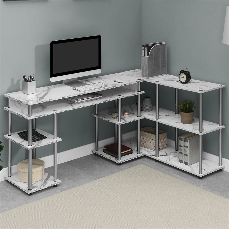 Pemberly Row No-Tools Console Table w/ Shelves in White Faux Marble Wood Finish