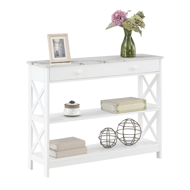 Pemberly Row 1-Drawer Console Table w/ Shelves in White Wood w/ Faux Marble Top