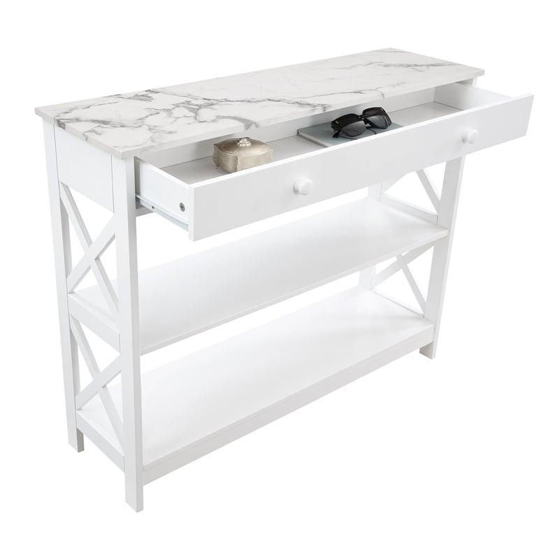 Pemberly Row 1-Drawer Console Table w/ Shelves in White Wood w/ Faux Marble Top
