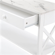 Pemberly Row 1-Drawer Console Table w/ Shelves in White Wood w/ Faux Marble Top