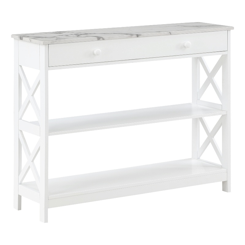 Pemberly Row 1-Drawer Console Table w/ Shelves in White Wood w/ Faux Marble Top