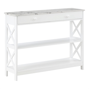 Pemberly Row 1-Drawer Console Table w/ Shelves in White Wood w/ Faux Marble Top