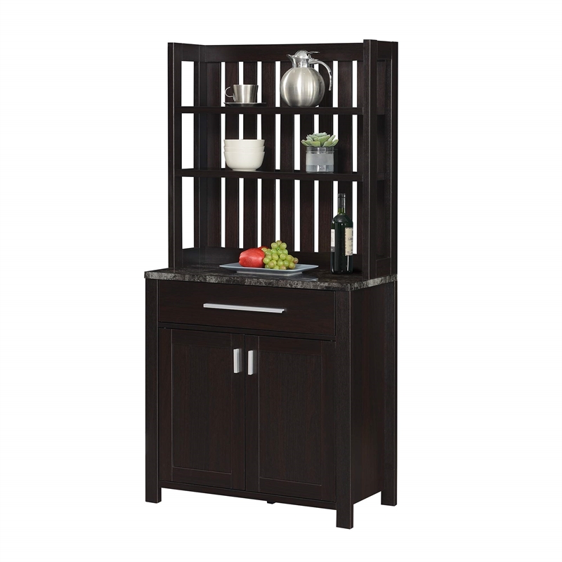 Pemberly Row Wine Bar with Cabinet in Black Faux Marble and Espresso Wood Finish