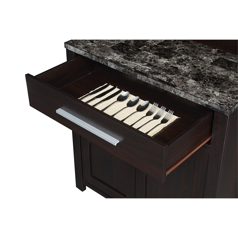 Pemberly Row Wine Bar with Cabinet in Black Faux Marble and Espresso Wood Finish