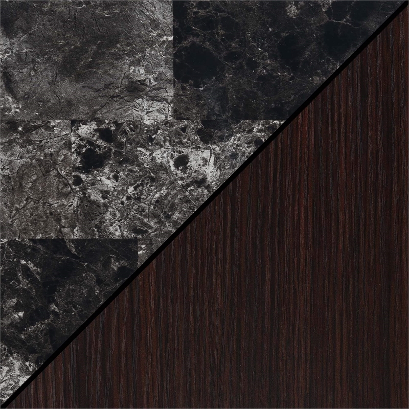 Pemberly Row Wine Bar with Cabinet in Black Faux Marble and Espresso Wood Finish