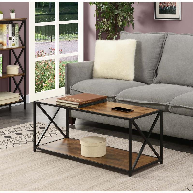Pemberly Row Coffee Table with Shelf in Nutmeg Wood Finish and Black Metal Frame