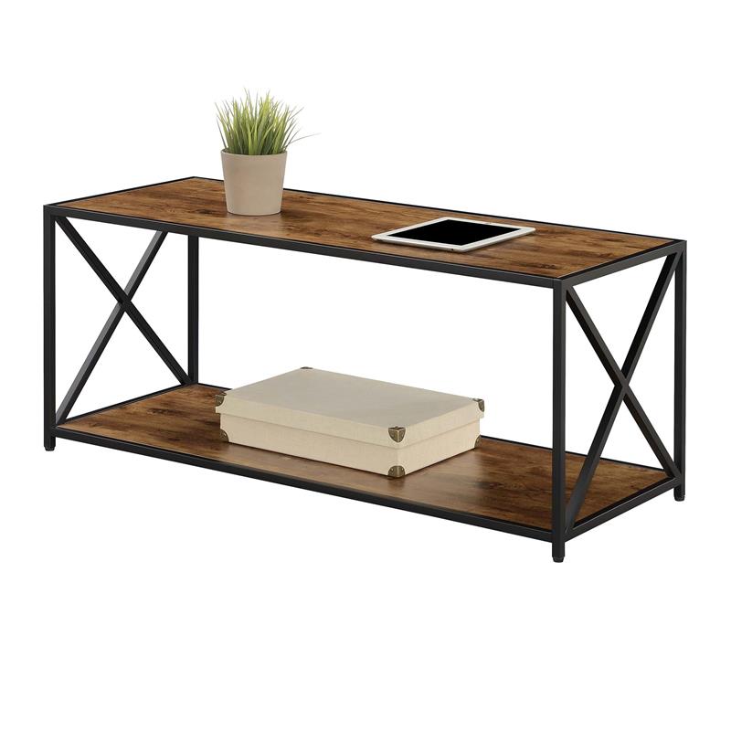 Pemberly Row Coffee Table with Shelf in Nutmeg Wood Finish and Black Metal Frame