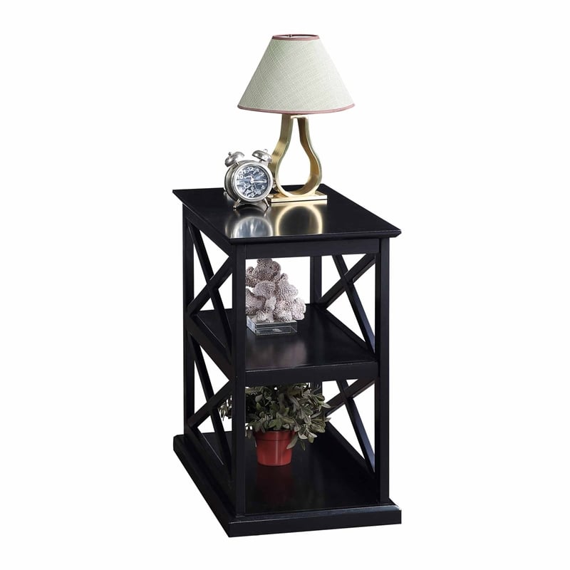 Pemberly Row Chairside End Table with Shelves in Black Wood Finish and 