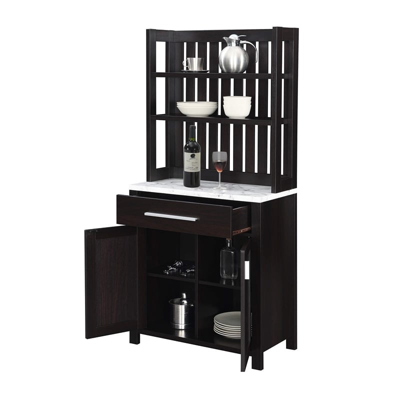 Pemberly Row Wine Bar w/ Cabinet in Espresso Wood w/ White Faux Marble Top