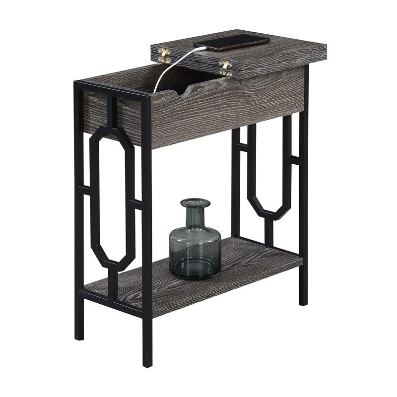 Pemberly Row Flip Top End Table w/ Charging Station in Gray Wood & Black
