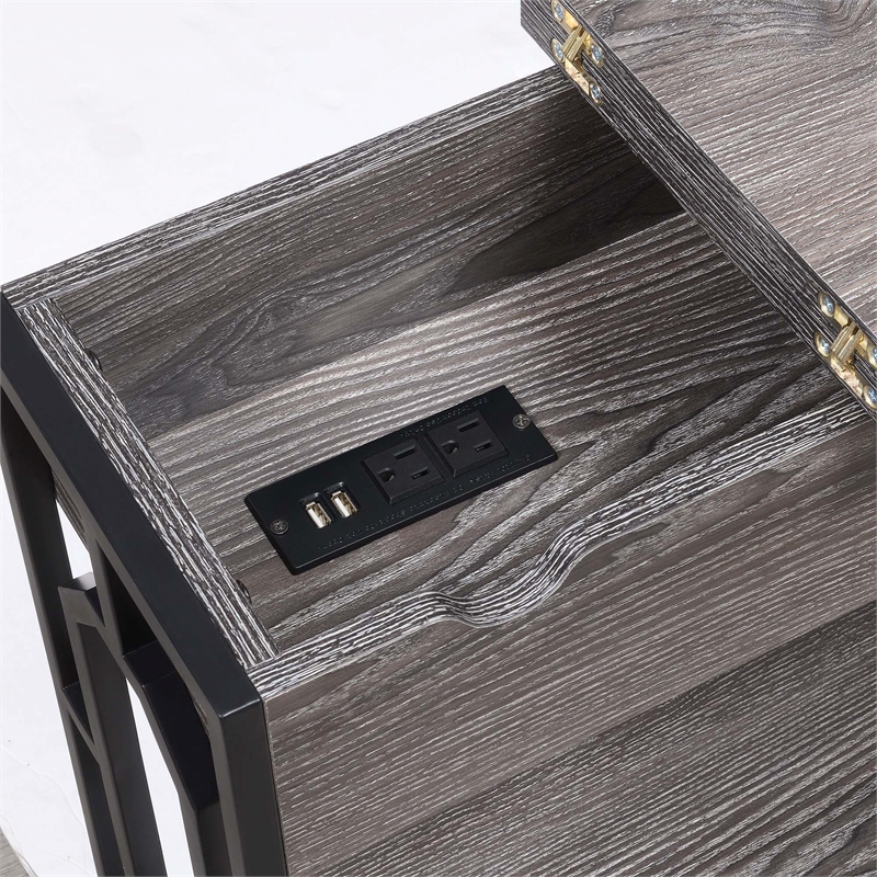 Pemberly Row Flip Top End Table w/ Charging Station in Gray Wood & Black