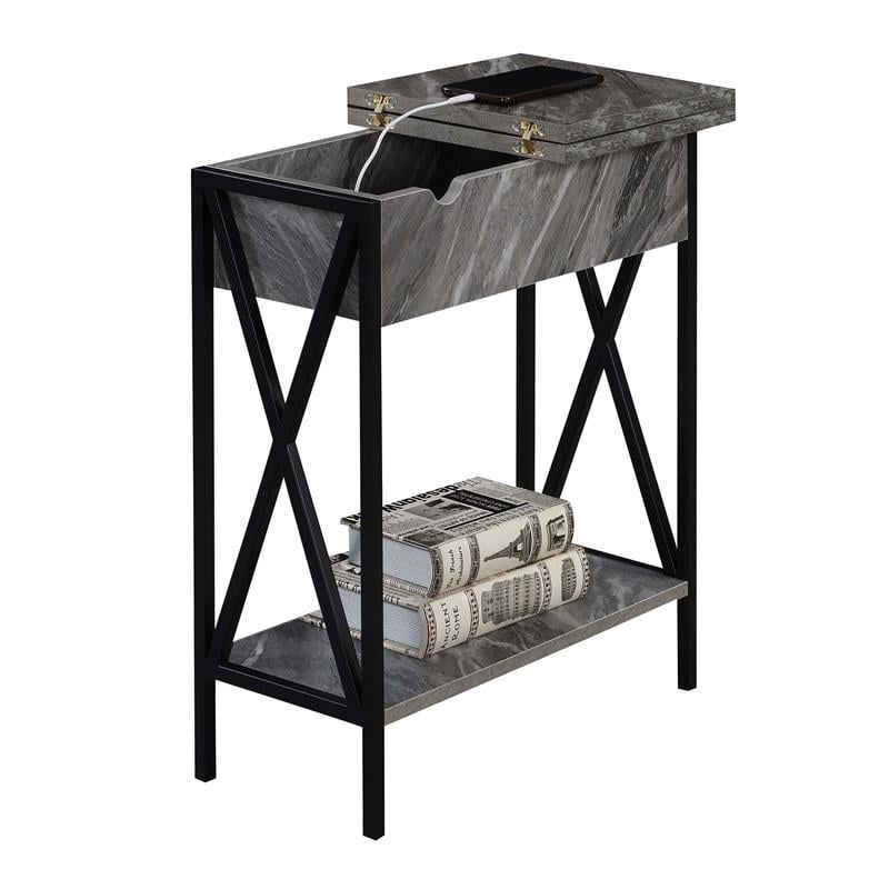 Pemberly Row Flip Top End Table w/ Charging Station in Gray Marble Wood & Black