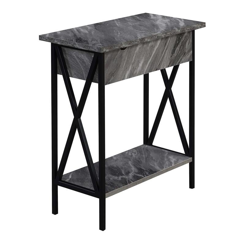 Pemberly Row Flip Top End Table w/ Charging Station in Gray Marble Wood & Black