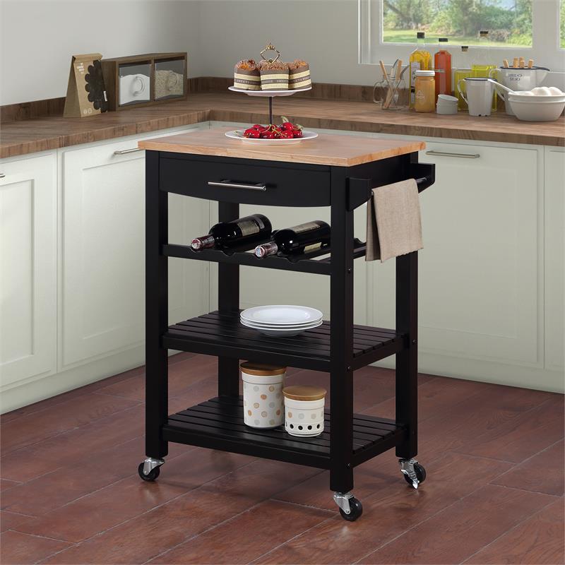 Pemberly Row 4-Tier Butcher Block Kitchen Cart w/ Drawer & Wine Rack in Black