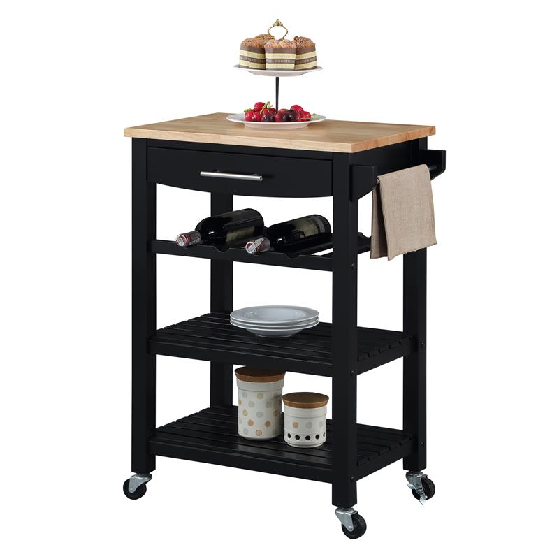 Pemberly Row 4-Tier Butcher Block Kitchen Cart w/ Drawer & Wine Rack in Black