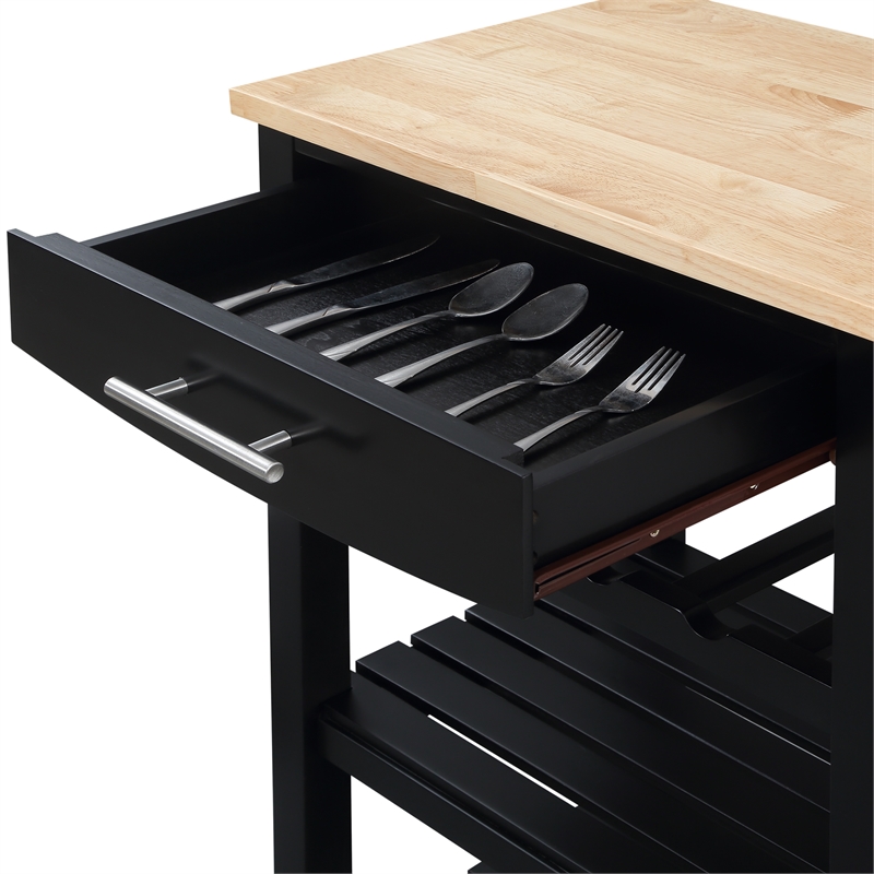 Pemberly Row 4-Tier Butcher Block Kitchen Cart w/ Drawer & Wine Rack in Black