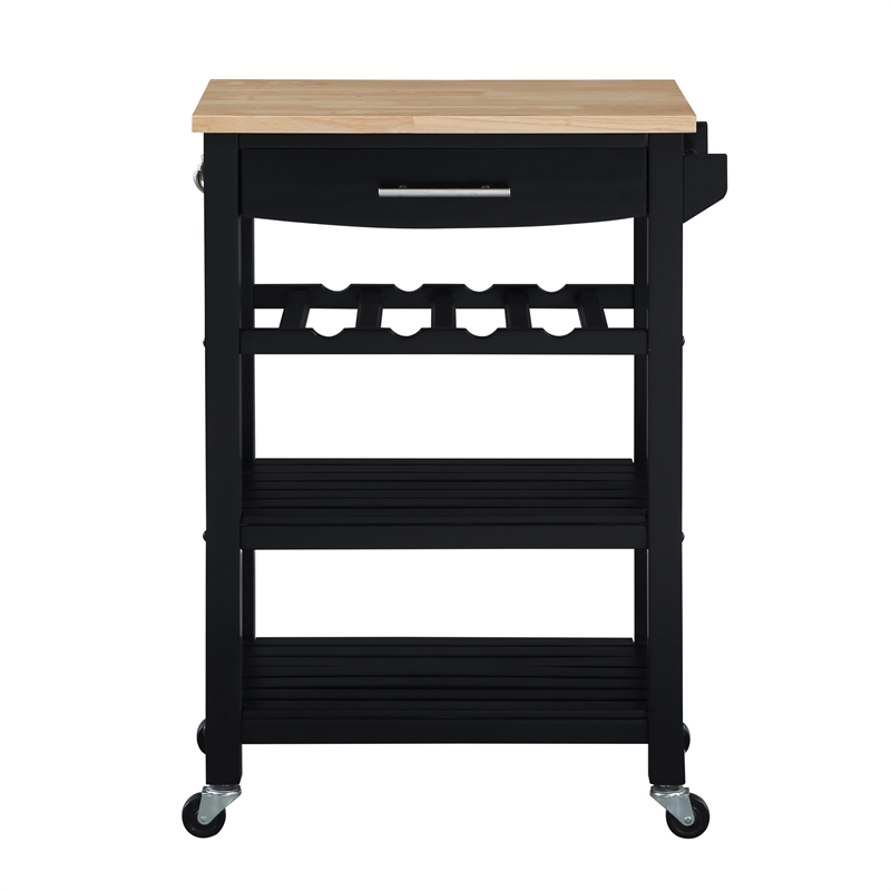 Pemberly Row 4-Tier Butcher Block Kitchen Cart w/ Drawer & Wine Rack in Black