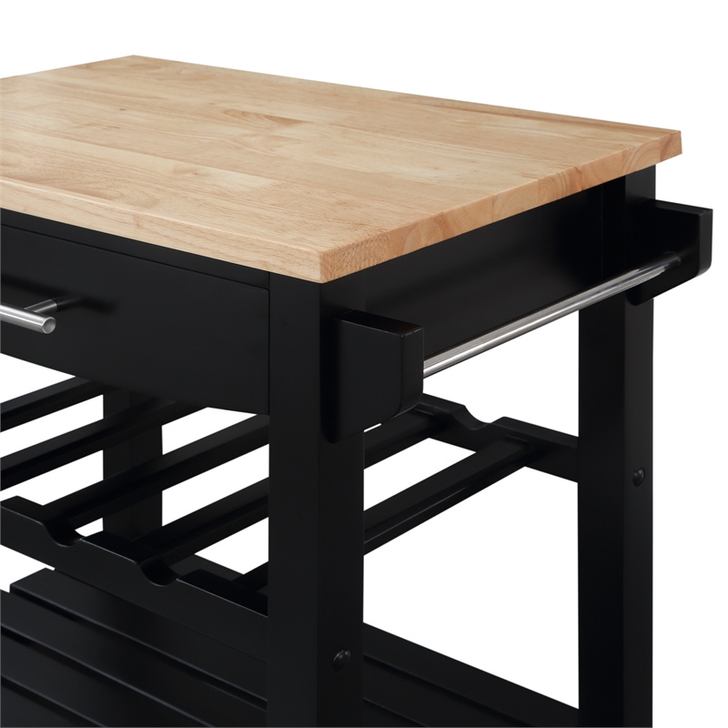 Pemberly Row 4-Tier Butcher Block Kitchen Cart w/ Drawer & Wine Rack in Black