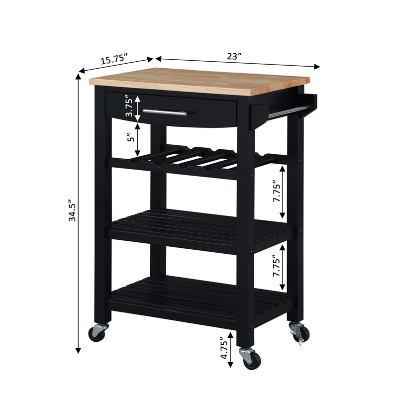 Pemberly Row 4-Tier Butcher Block Kitchen Cart w/ Drawer & Wine Rack in Black
