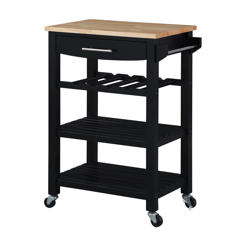 Pemberly Row 4-Tier Butcher Block Kitchen Cart w/ Drawer & Wine Rack in Black