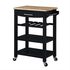 Pemberly Row 4-Tier Butcher Block Kitchen Cart w/ Drawer & Wine Rack in Black