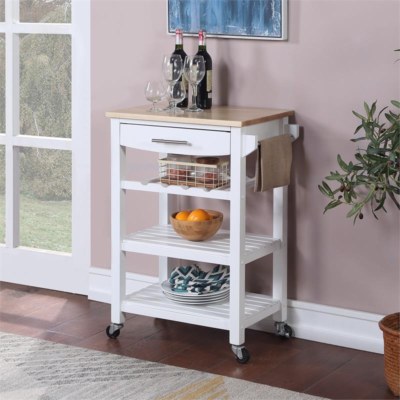 Pemberly Row 4-Tier Butcher Block Kitchen Cart w/ Drawer & Wine Rack in White