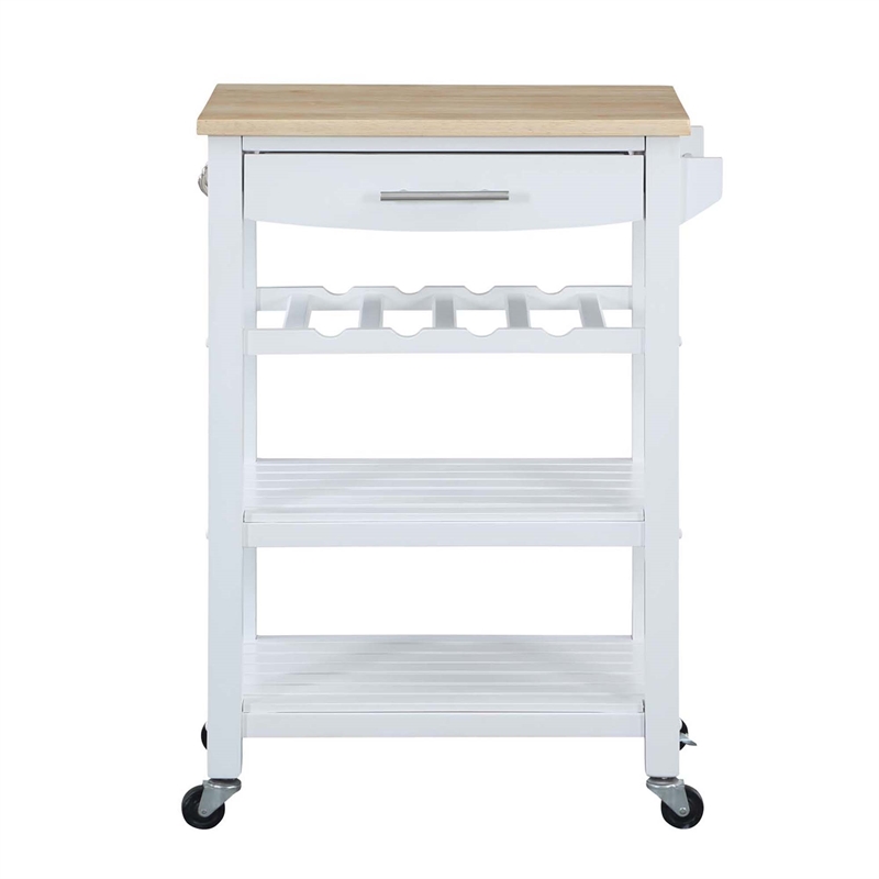 Pemberly Row 4-Tier Butcher Block Kitchen Cart w/ Drawer & Wine Rack in White