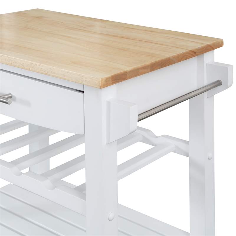 Pemberly Row 4-Tier Butcher Block Kitchen Cart w/ Drawer & Wine Rack in White