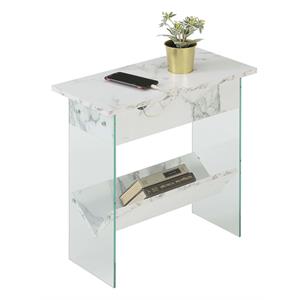 Pemberly Row Electric Flip Top End Table - White Faux Marble Wood w/ Clear Glass