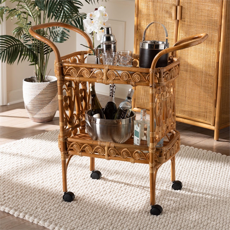 Pemberly Row Modern Bohemian Natural Brown Rattan Kitchen Cart