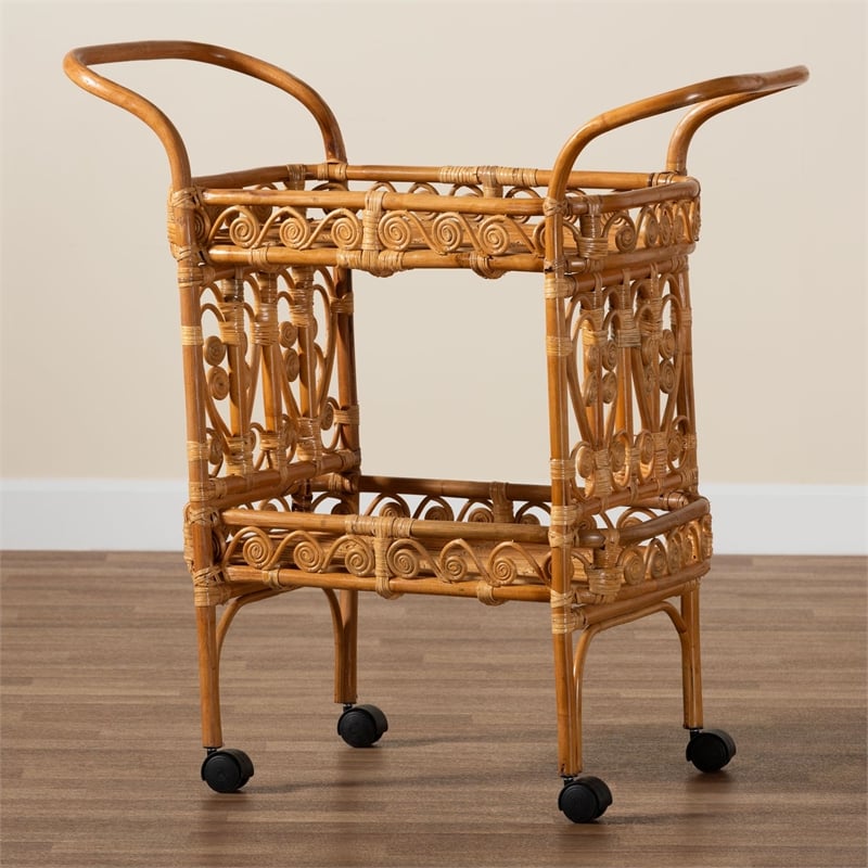 Pemberly Row Modern Bohemian Natural Brown Rattan Kitchen Cart