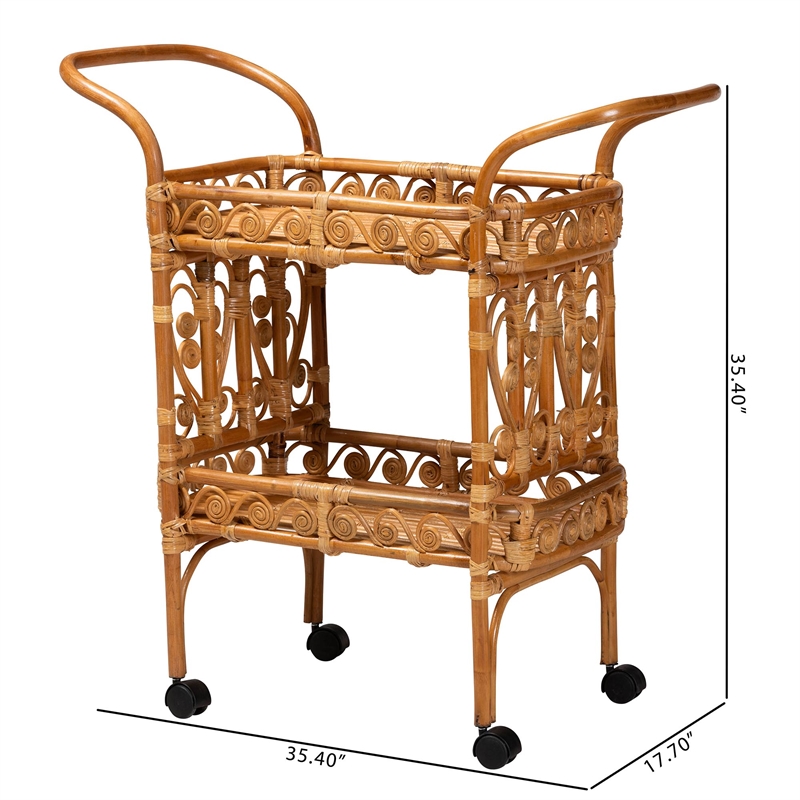 Pemberly Row Modern Bohemian Natural Brown Rattan Kitchen Cart